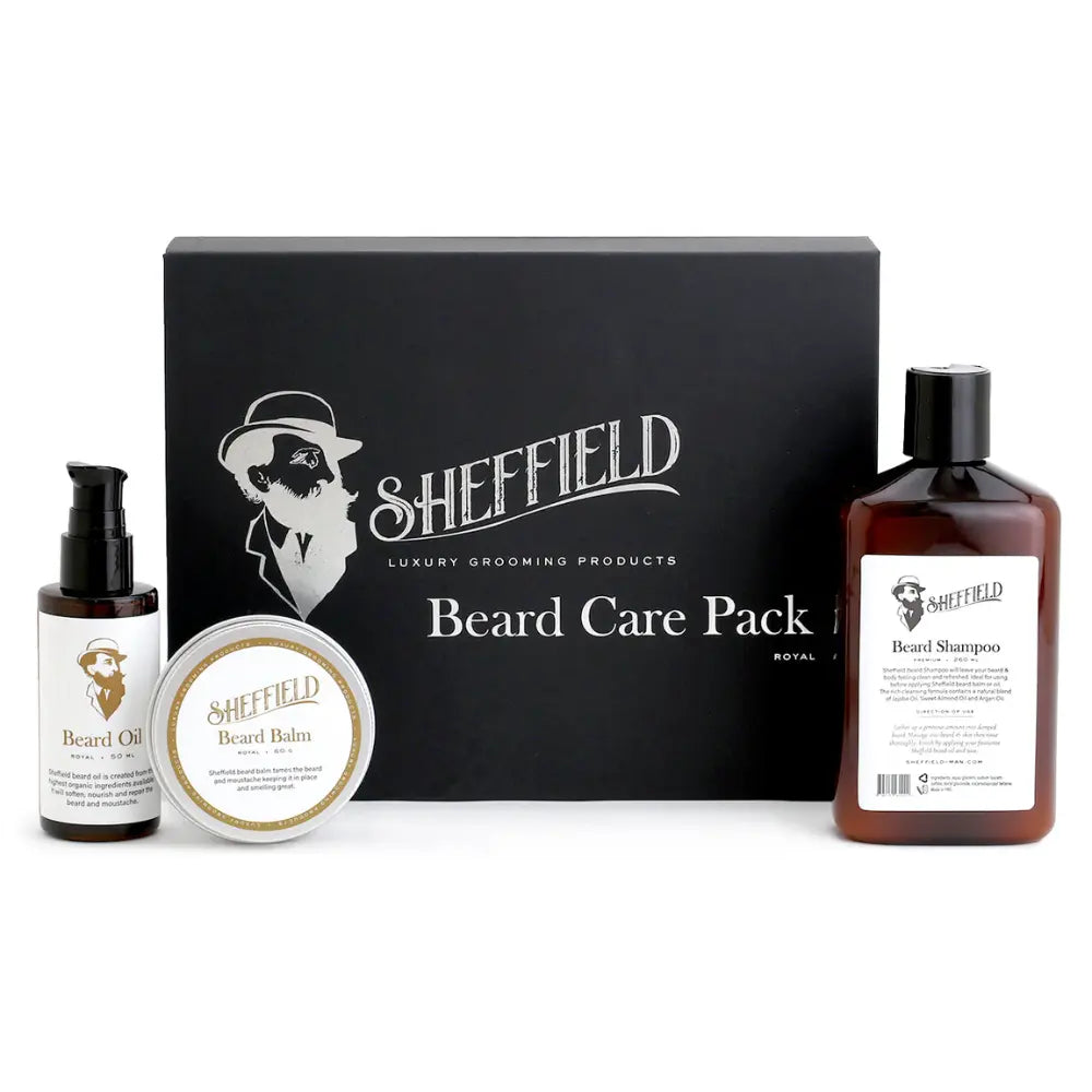 Sheffield beard care product set with a black box labeled 'Sheffield Luxury Grooming Products'.