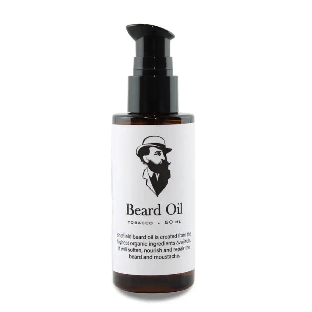 Bottle of beard oil with a label on a white background