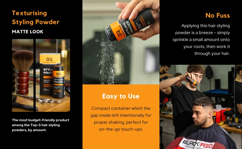 Hair styling powder product with application instructions and user benefits on a black background.