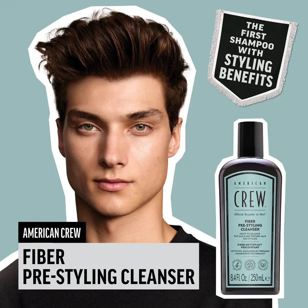 American Crew fiber pre-styling cleanser with a model and product bottle on a light blue background