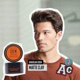 Man with styled hair next to American Crew Matte Clay product packaging