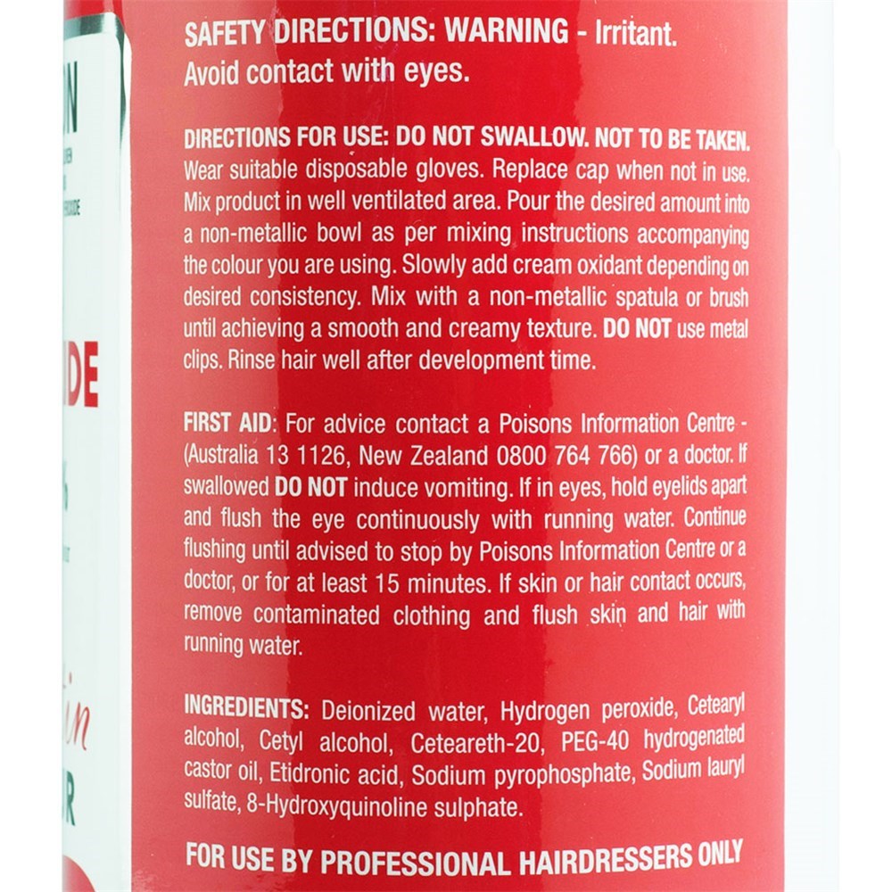 Back of a paroxide packaging with safety directions and ingredients listed.