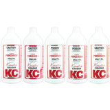 Five bottles of KC Keratin Colour crème peroxide with labels on a white background