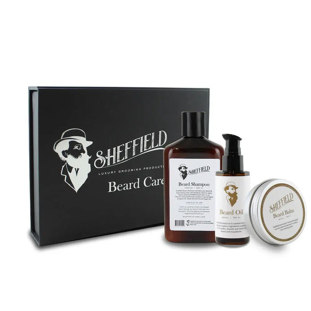 Sheffield beard care product set with shampoo, oil, balm, and packaging on a white background