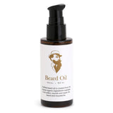 Bottle of beard oil with a label on a white background