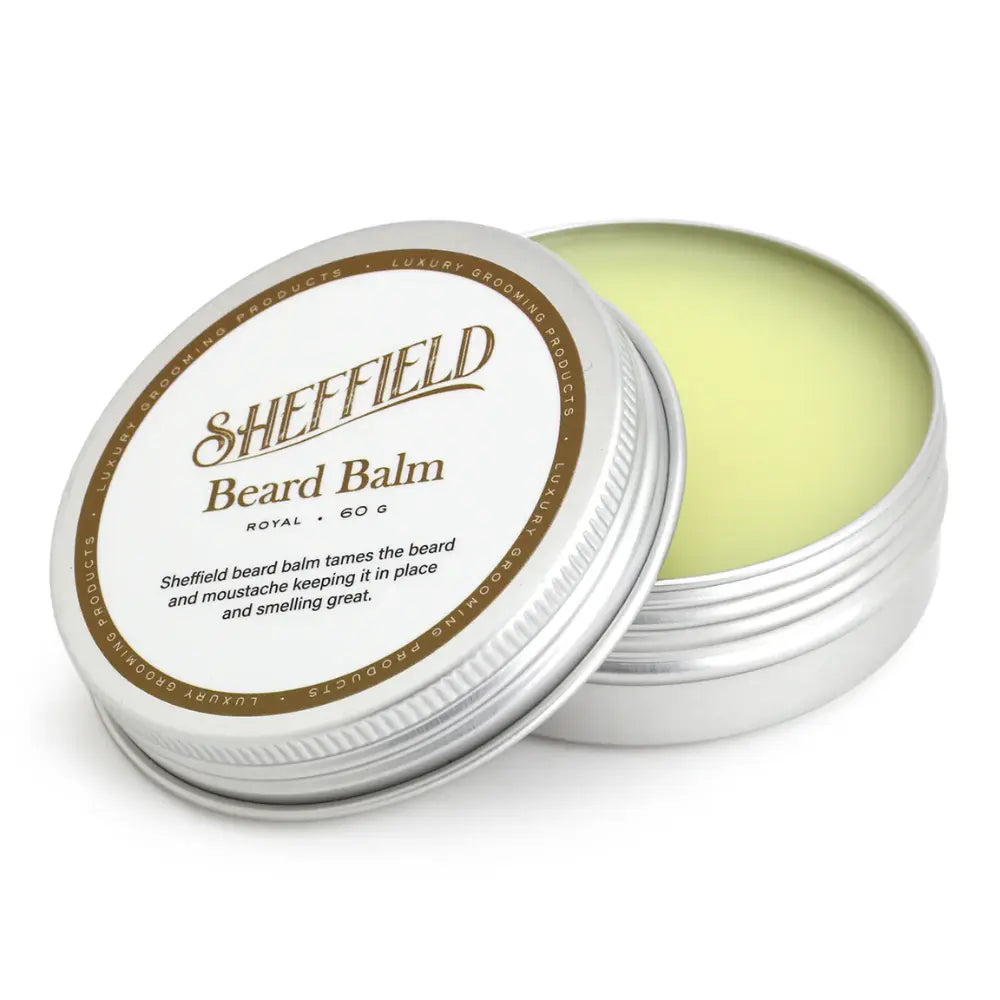 Sheffield beard balm in a metal container on a white background