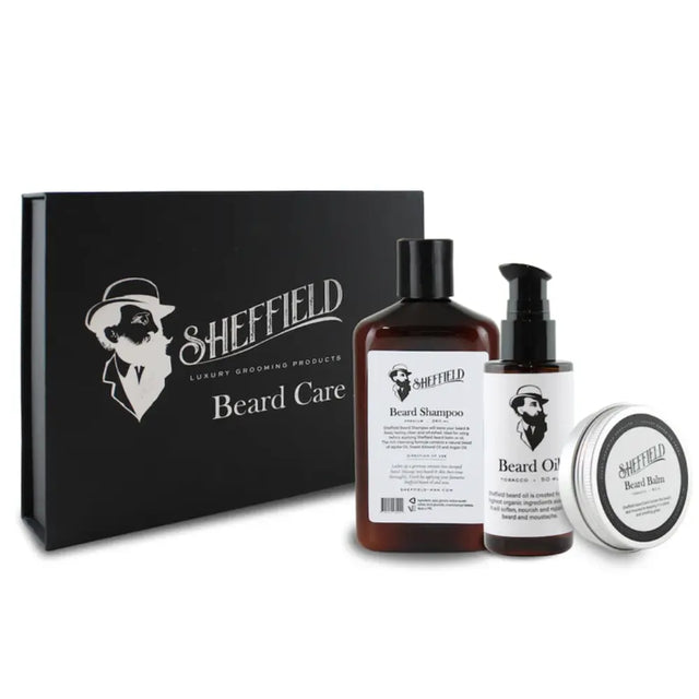 Sheffield beard care product set including shampoo, oil, and balm with a black box on a white background.