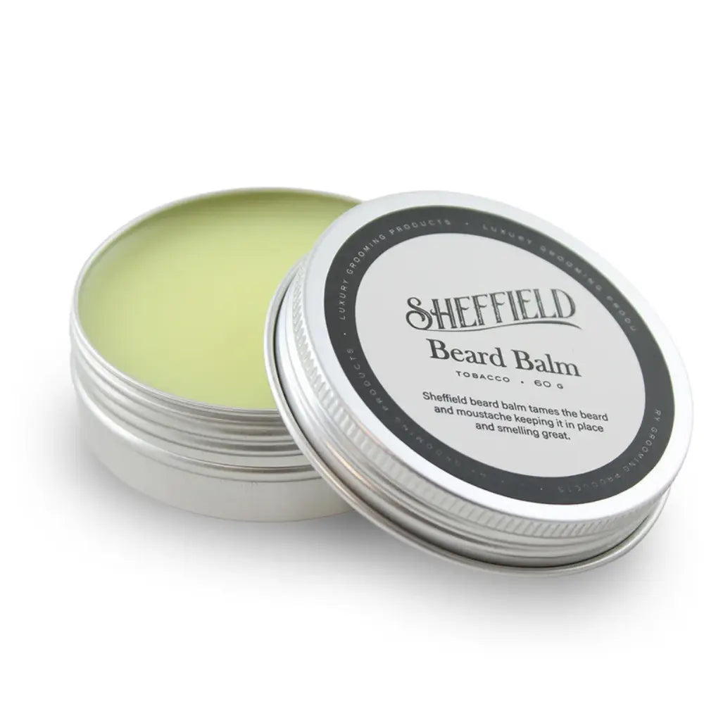 Sheffield beard balm container with lid open on a white background